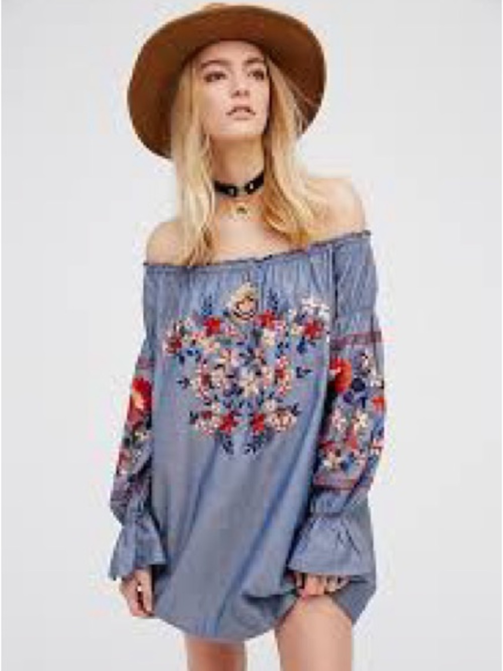 Free People Blue Chambray Embroidered Off-Shoulder Mini Dress - 100% cotton